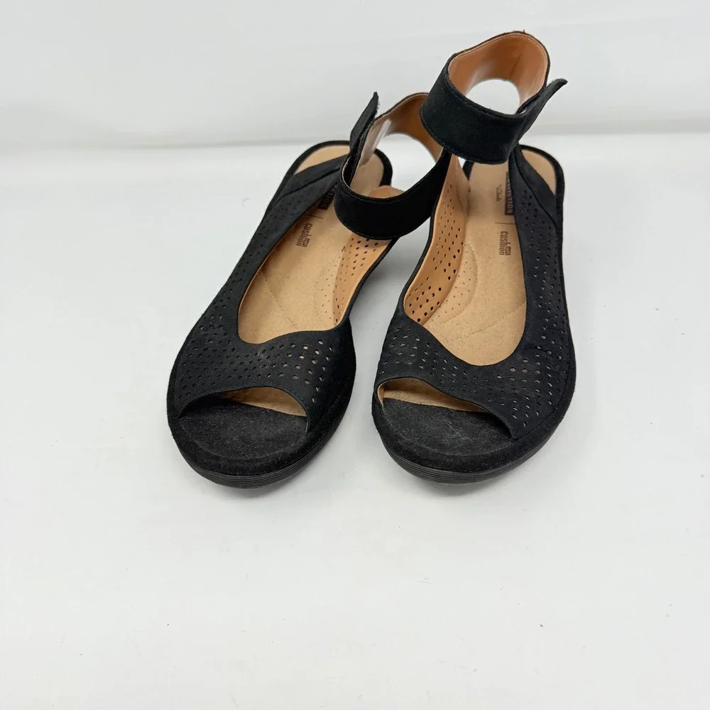 Clarks‎ Womens Black Perforated Wedge Sandals Ankle Strap Comfort Size 10